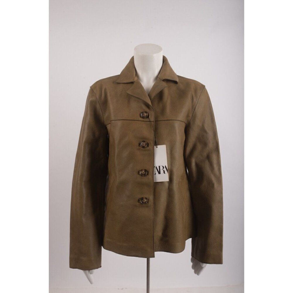 Zara Womens Leather Coat Jacket Straight Cut M Olive Green 2521/240 NWT $349